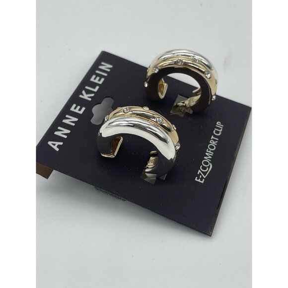 Anne Klein Women's Two Tone Hoop Comfort Clip Earrings Crystals Party Wedding - Picture 2 of 3